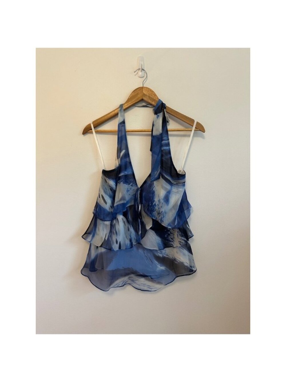 BCBGMAXAZRIA Silk Tiered Ruffle Halter Top in Blue Abstract Print | Size XS